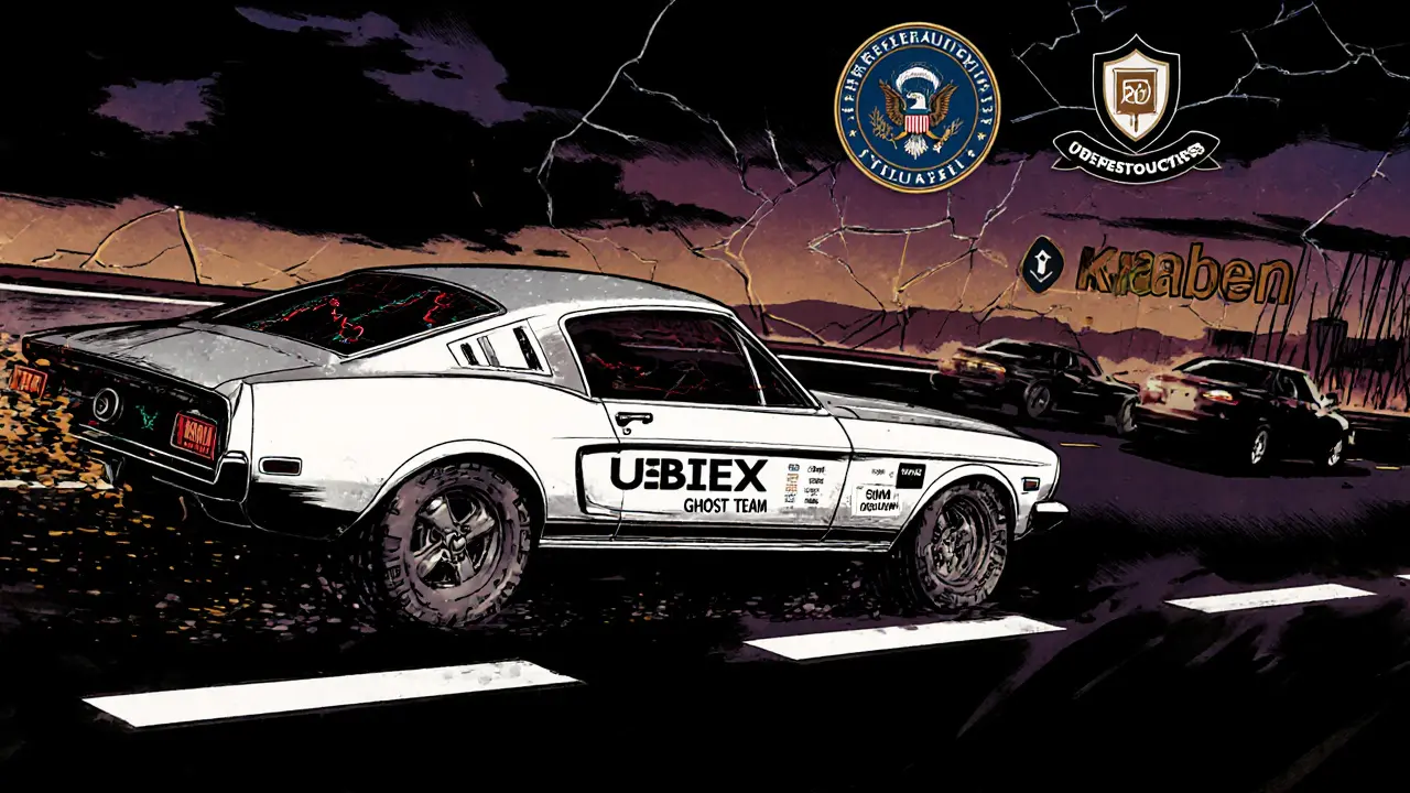 A car with no safety features speeding on a crypto highway, while regulated exchanges drive safely behind.