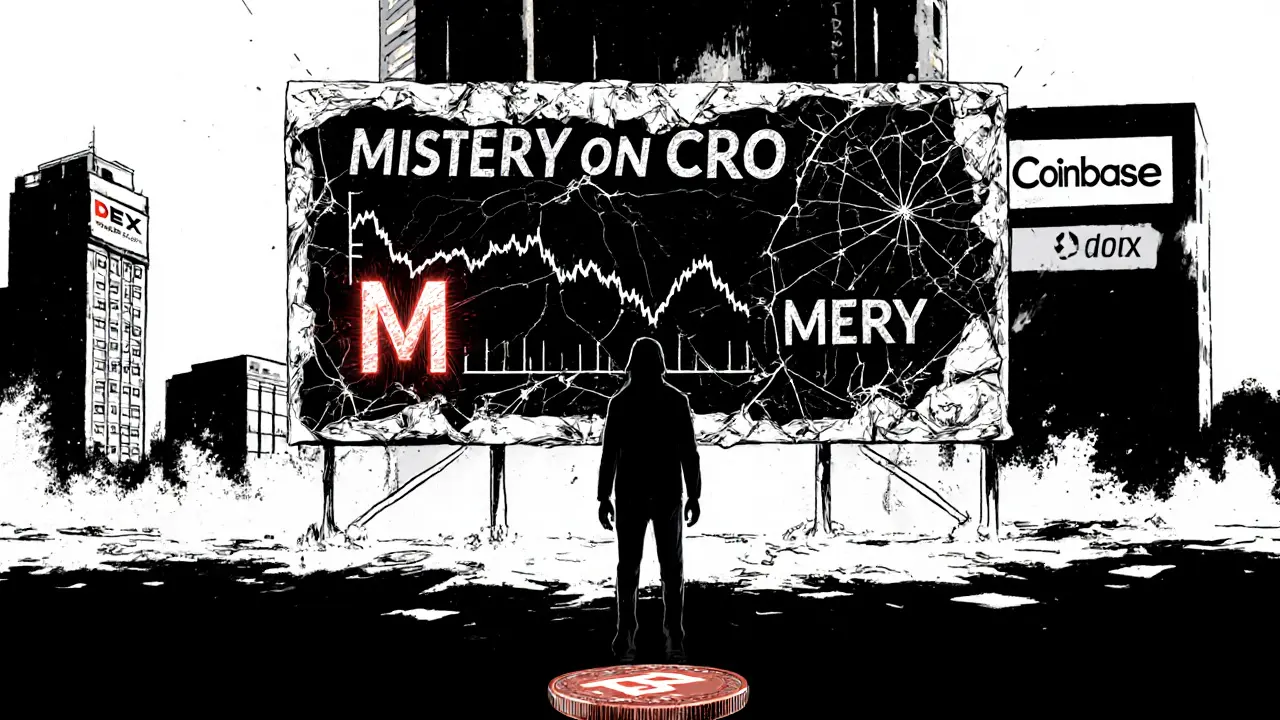 A crumbling MERY billboard looms over a faceless exchange building, with a token falling into darkness.