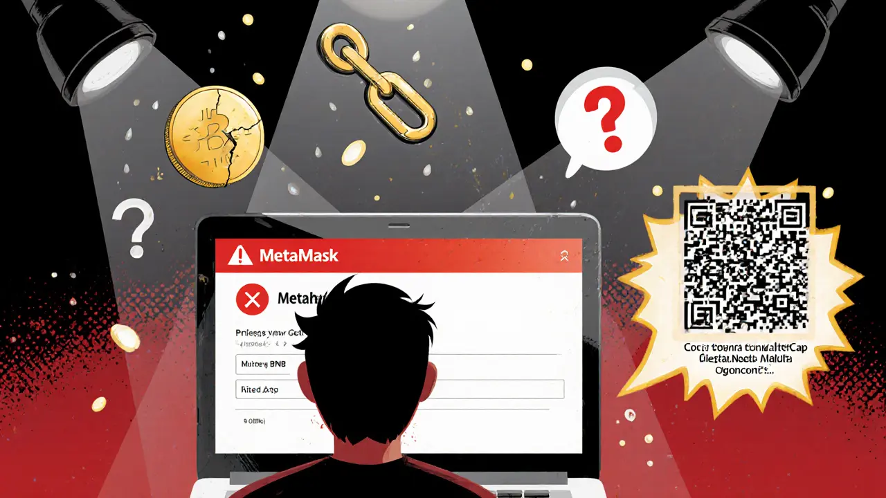 A gamer faces a failed wallet transaction with BNB and MetaMask icons floating around them.