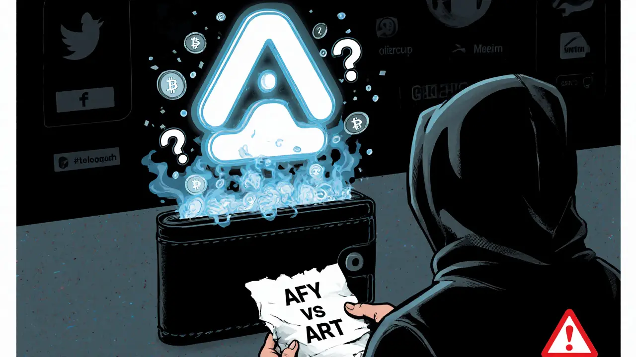 A ghostly Artify logo fades over an empty wallet as ART tokens vanish, with AFY vs ART confusion swirling nearby.