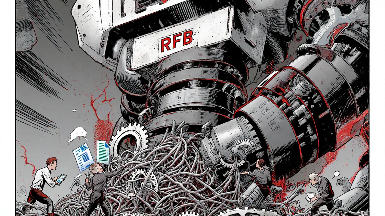 A giant bureaucratic robot crushes crypto transactions under its mechanical foot.