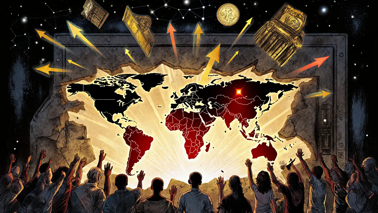 A global map rises from a broken bank vault as DeFi adoption glows in Africa and Asia, with AI advisors and synthetic assets floating above.