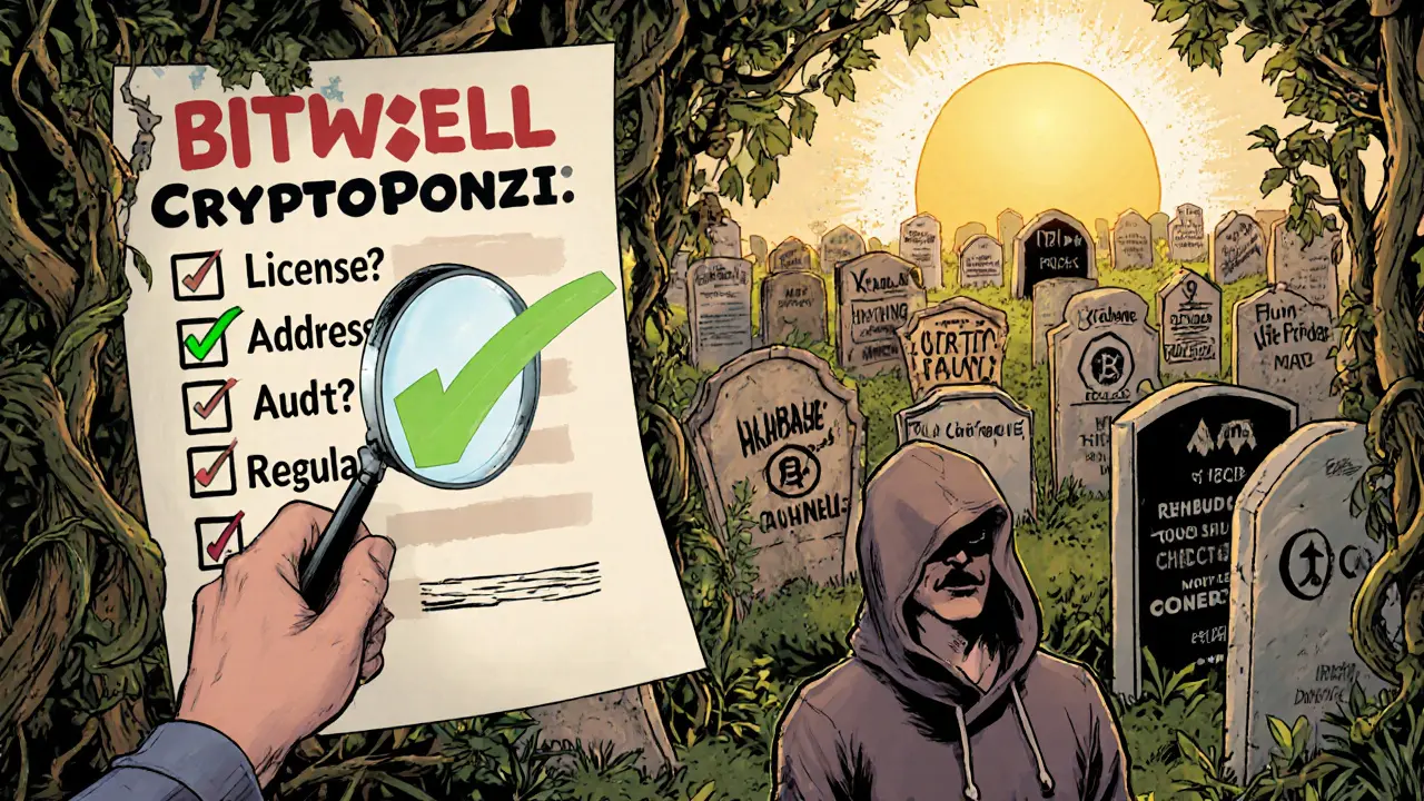 A graveyard of failed crypto exchanges with a hero checking safety criteria, while trusted exchanges glow in the distance.