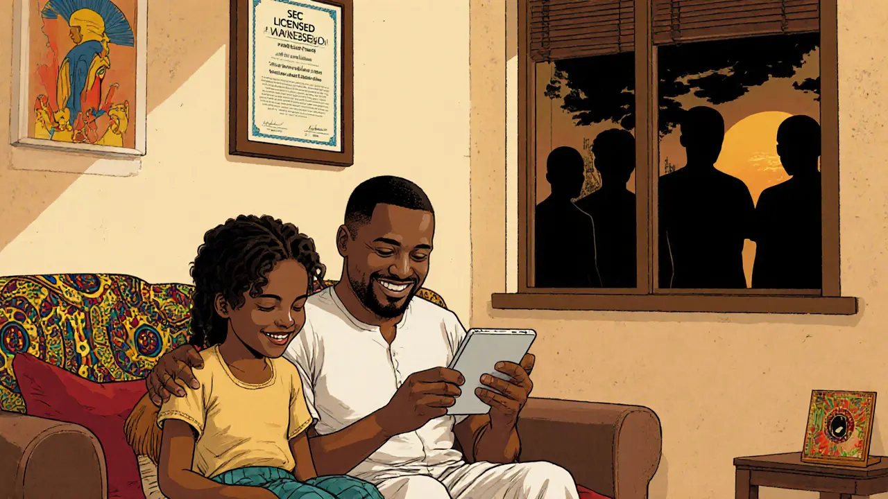 A Nigerian family using a licensed crypto app together, with SEC license certificate on the wall.