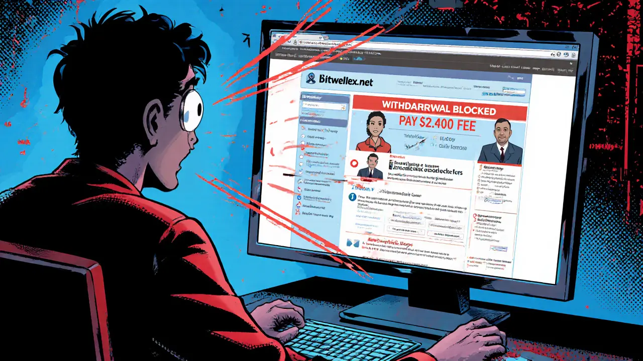 A panicked user facing a fake withdrawal fee pop-up, with a deceptive recovery site reflected on the screen.