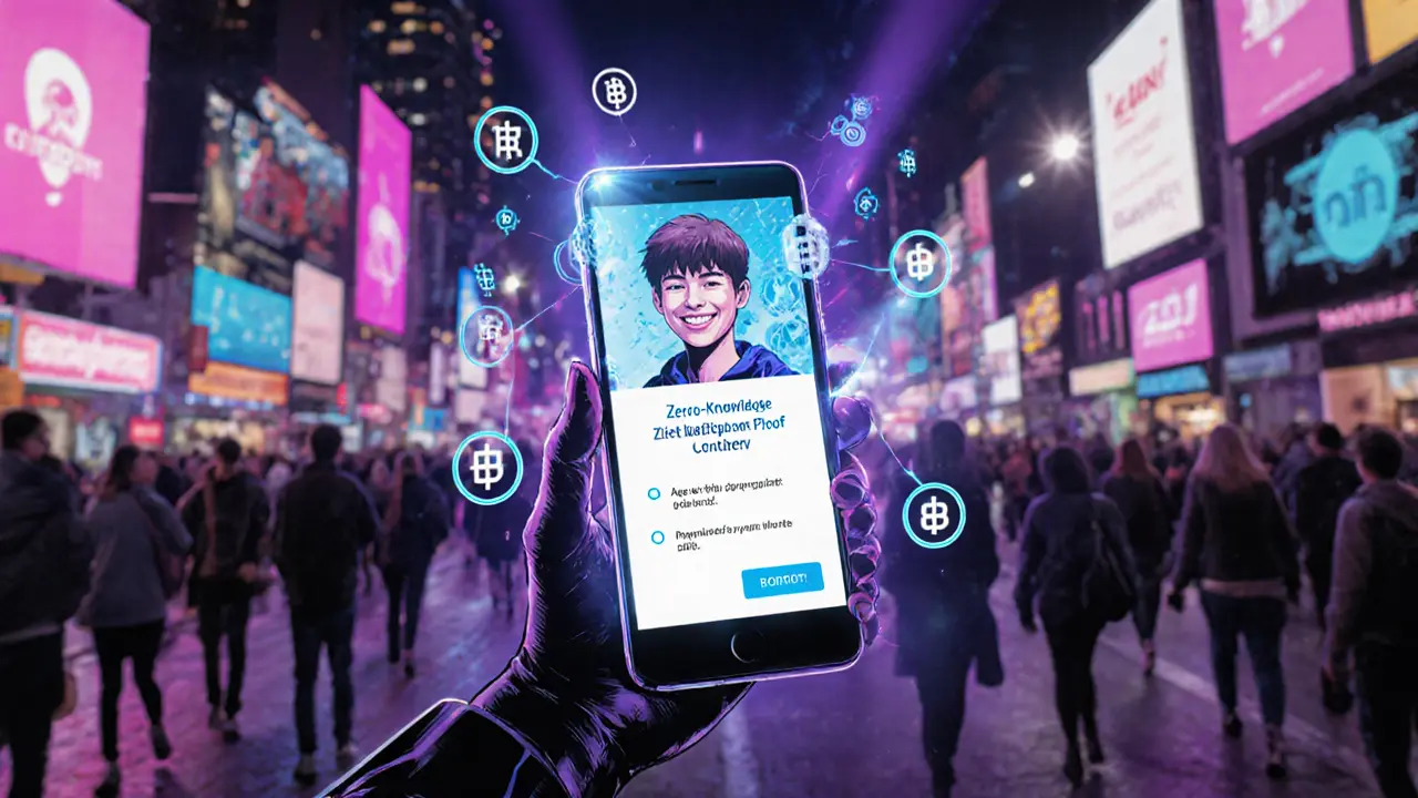 A person verifies age and payment on a smartphone with holographic ZK proof in a cyberpunk city.