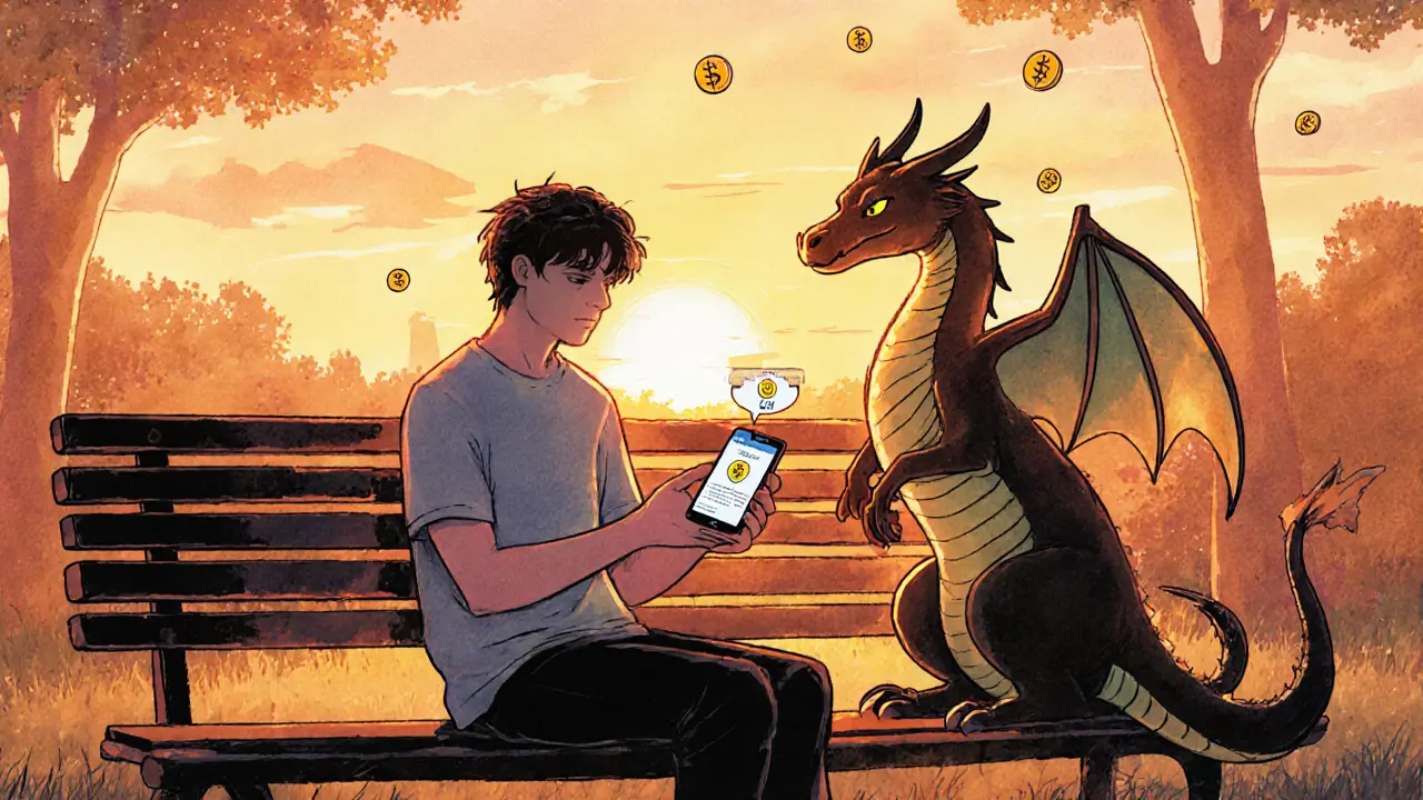 A player enjoys the Dragonary game on a bench at sunset as a digital dragon glows beside them.