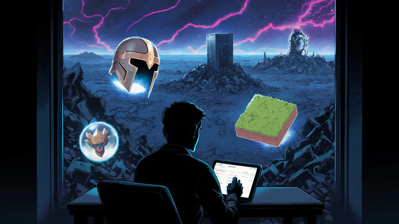 A player sits with a crypto wallet as fading game servers dissolve, but their NFTs glow steadily in the distance.