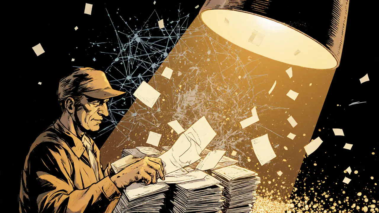 A poll worker counts paper ballots under a lamp as a crumbling blockchain hologram fades behind them.