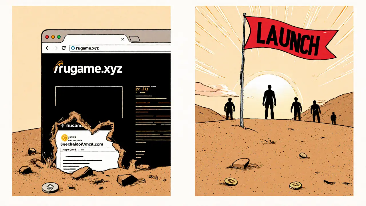 A ruined RUGAME website buried in sand, with thriving gaming tokens visible on a distant hill.