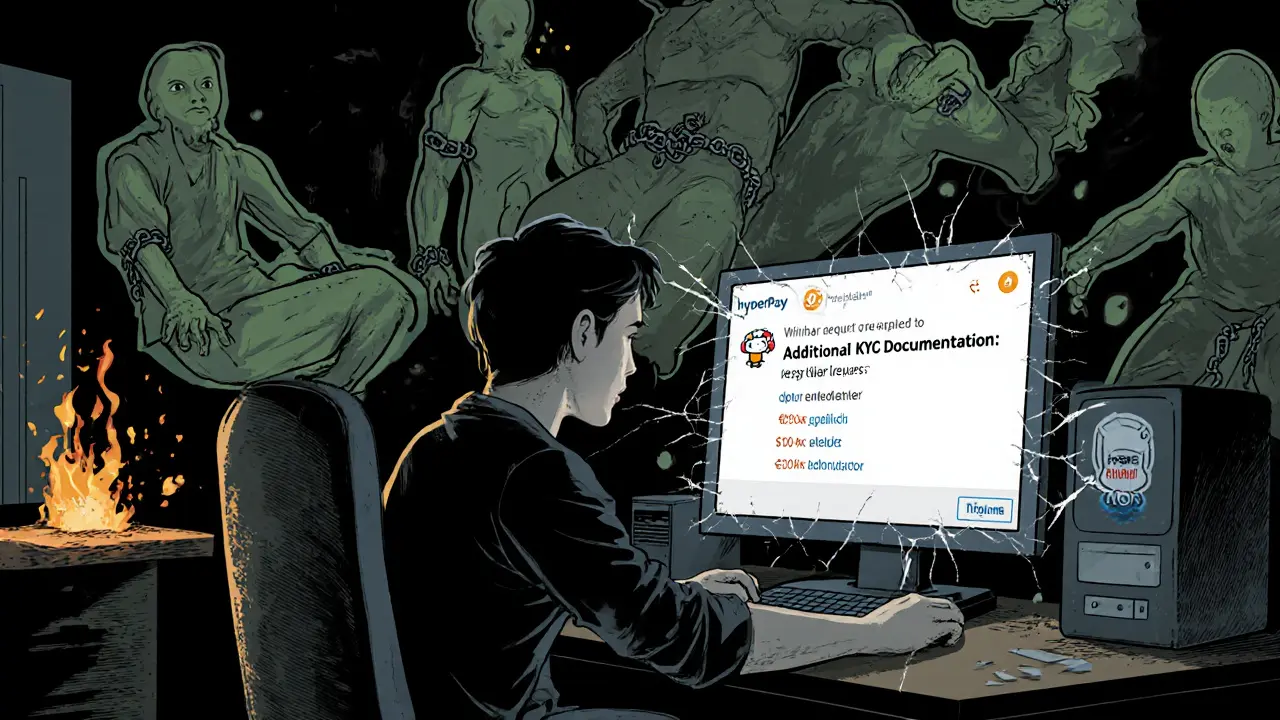 A user horrified by a blocked withdrawal request, surrounded by ghostly victims and fake leverage banners.