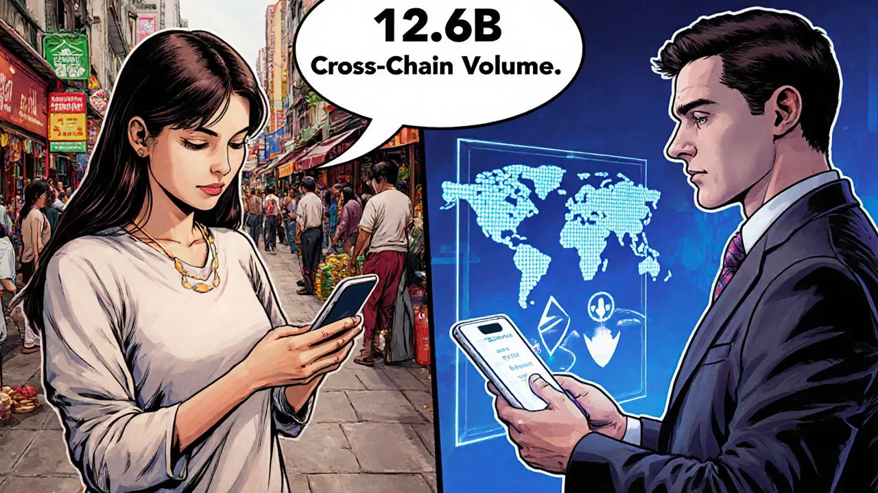 A woman in Jakarta uses her phone to earn yield while a New York manager views tokenized bonds, with cross-chain transfers between continents.