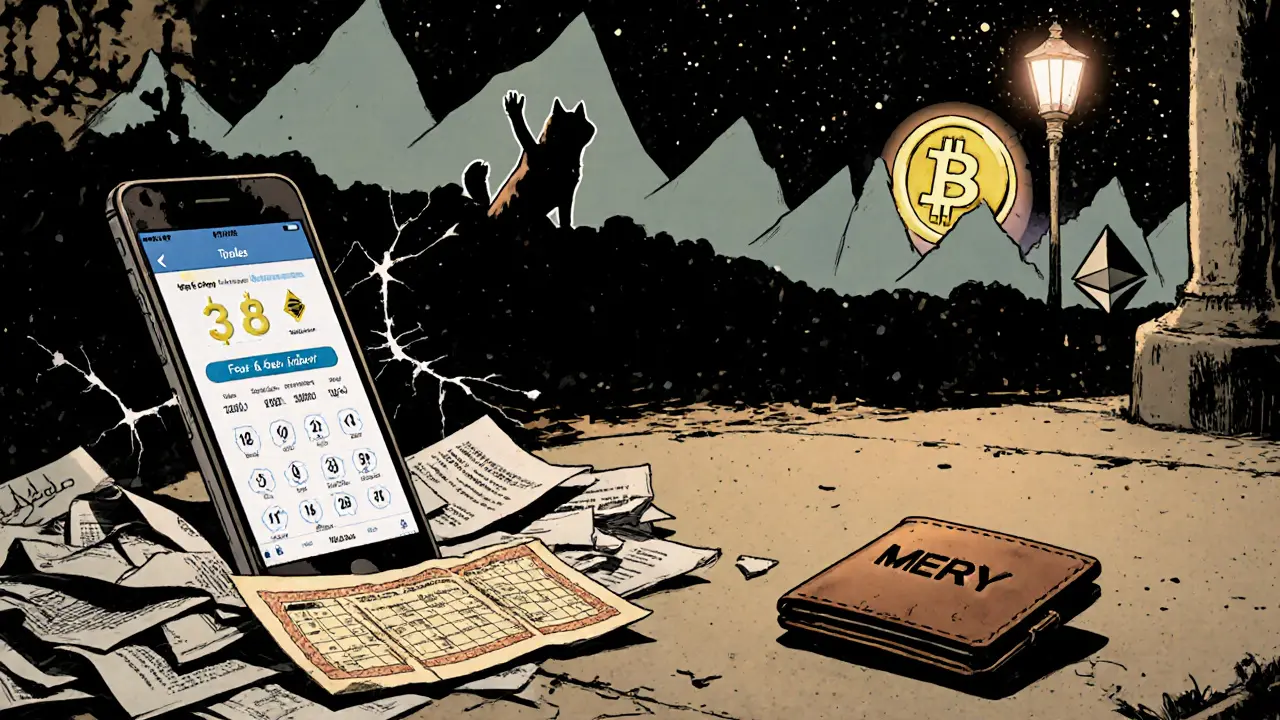 An abandoned MERY wallet next to a lottery ticket and discarded crypto papers under a flickering lamp.
