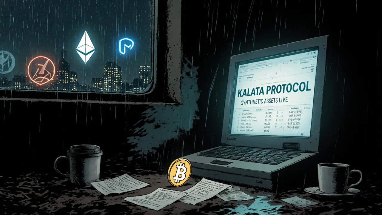 An abandoned terminal displays KALATA&#039;s interface as a single KALA token rolls away, with rival DeFi logos visible through a rainy window.