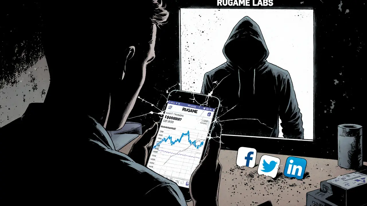 An investor stares at a dead RUGAME price chart while a shadowy figure disappears into a digital portal.