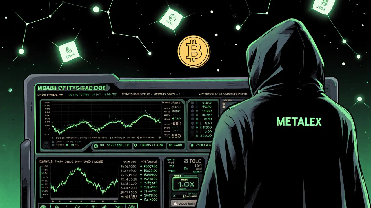 An MTLX token hovers above a decentralized commodities exchange with trading activity and governance elements.