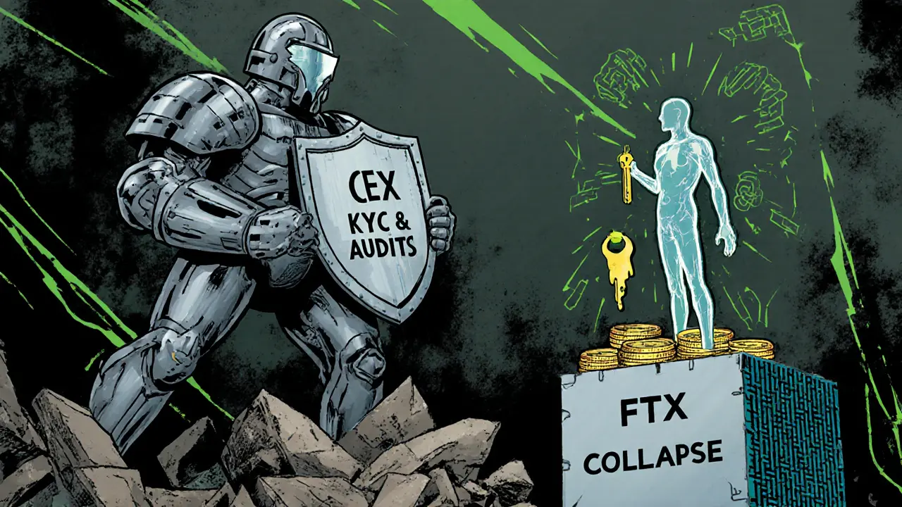 Armored CEX figure standing over collapsed FTX tower while transparent DEX figure passes through digital firewall.