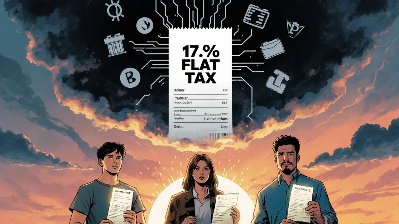 Crypto users stand before a massive digital ledger displaying &#039;17.5% FLAT TAX&#039; in the sky.
