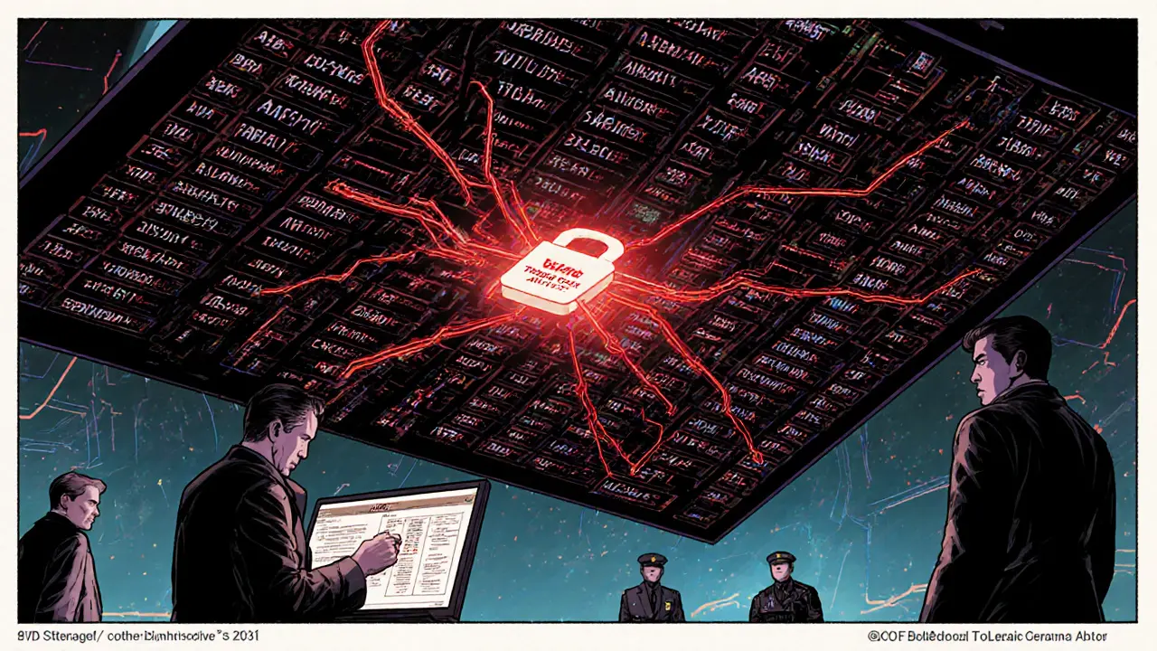 Digital ledger mapping thousands of wallets leading to a locked vault labeled TradeOgre, analysts monitoring data.