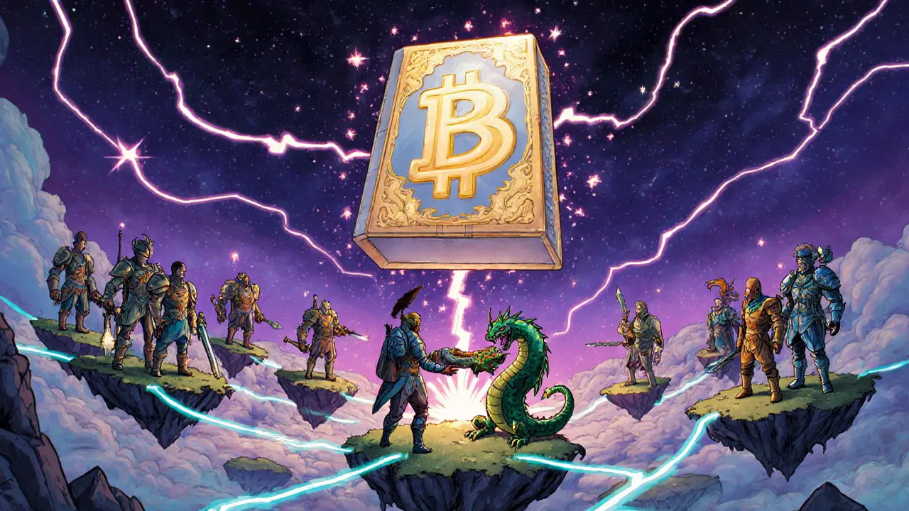 Diverse players trade NFT gear in a floating virtual world with a giant blockchain ledger above them.