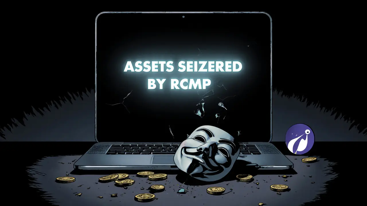 Empty dark web interface showing &#039;ASSETS SEIZED BY RCMP&#039; message as anonymity mask shatters on the ground.