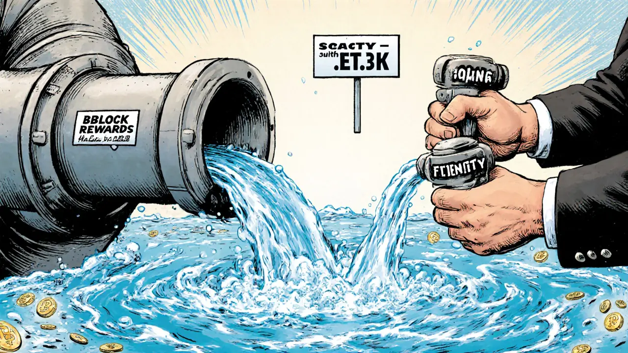 Giant water pipe with Bitcoin supply being cut in half by a valve, while ETFs pull from the same reservoir.