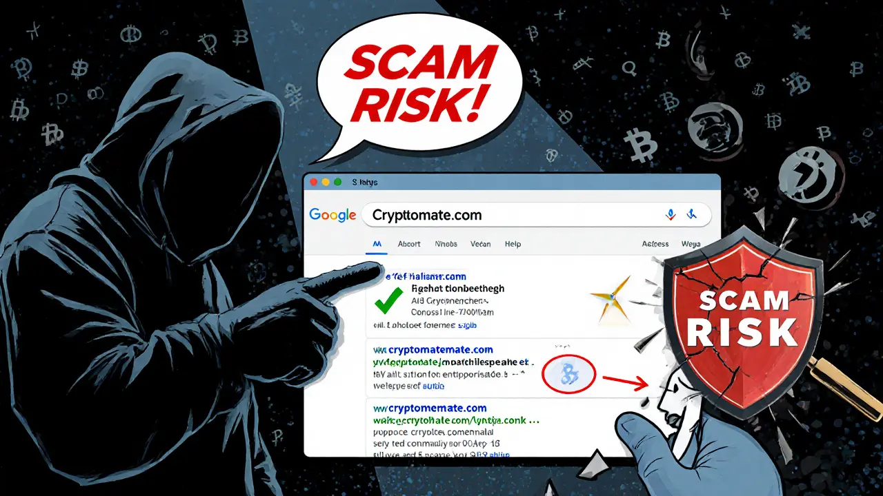Google search results showing fake and real Cryptomate sites, with a warning sign highlighting scam risk.