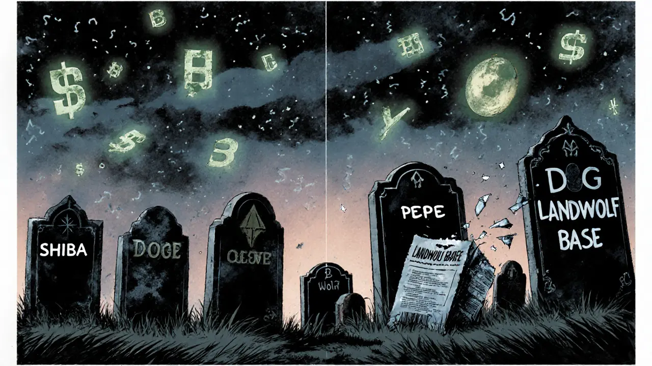 Graveyard of failed crypto tokens with a crumbling Landwolf (Base) tombstone, lottery ticket blowing in the wind under fading price holograms.