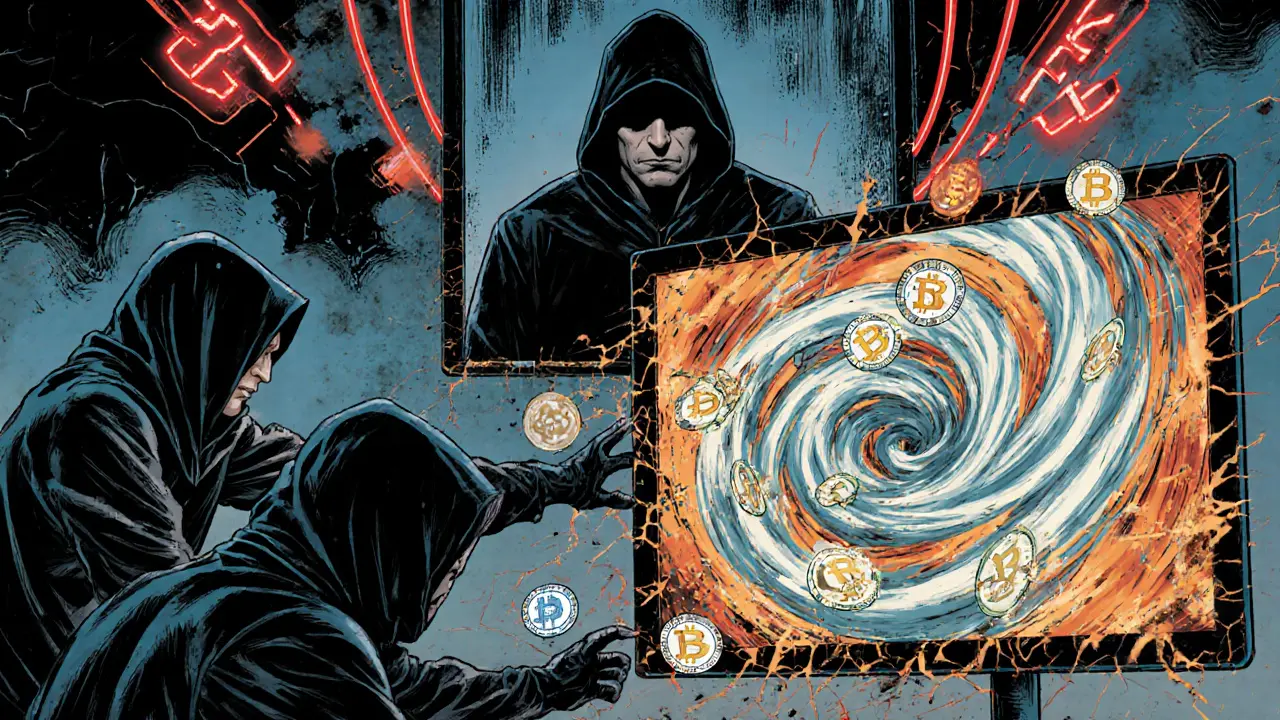 Hackers stealing tokens through a broken bridge while a user watches in despair, with Tornado Cash swirling in the background.