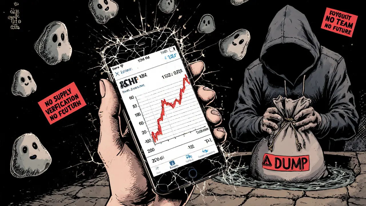 Hand holding phone with spiked BOHR chart, shadowy figure dumping tokens into a &#039;Zombie Token&#039; sewer.