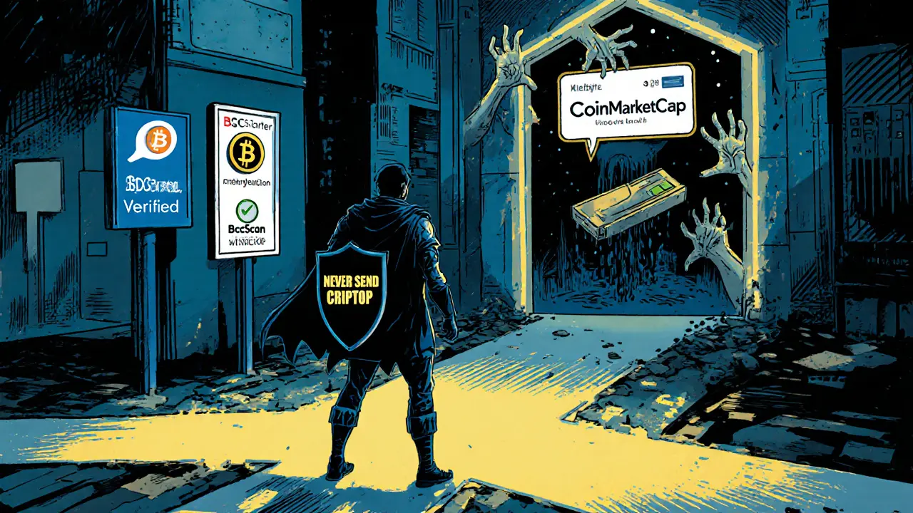 Hero stands at a crossroad: one path leads to verified crypto platforms, the other to a scam portal draining a wallet.