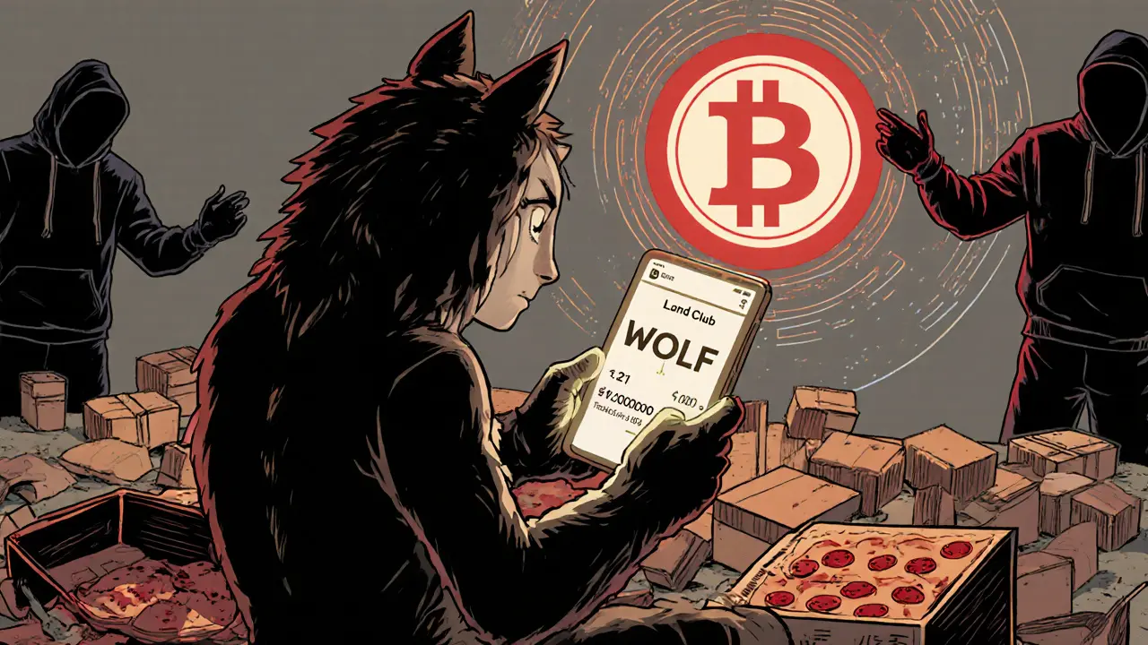 Landwolf cartoon character staring at a smartphone showing a near-zero crypto price, shadowy figures deploying contracts in background.