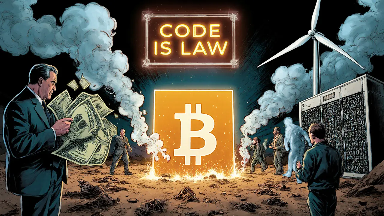 Miners with advanced rigs surviving a halving, contrasted with fading miners and printing fiat money dissolving.