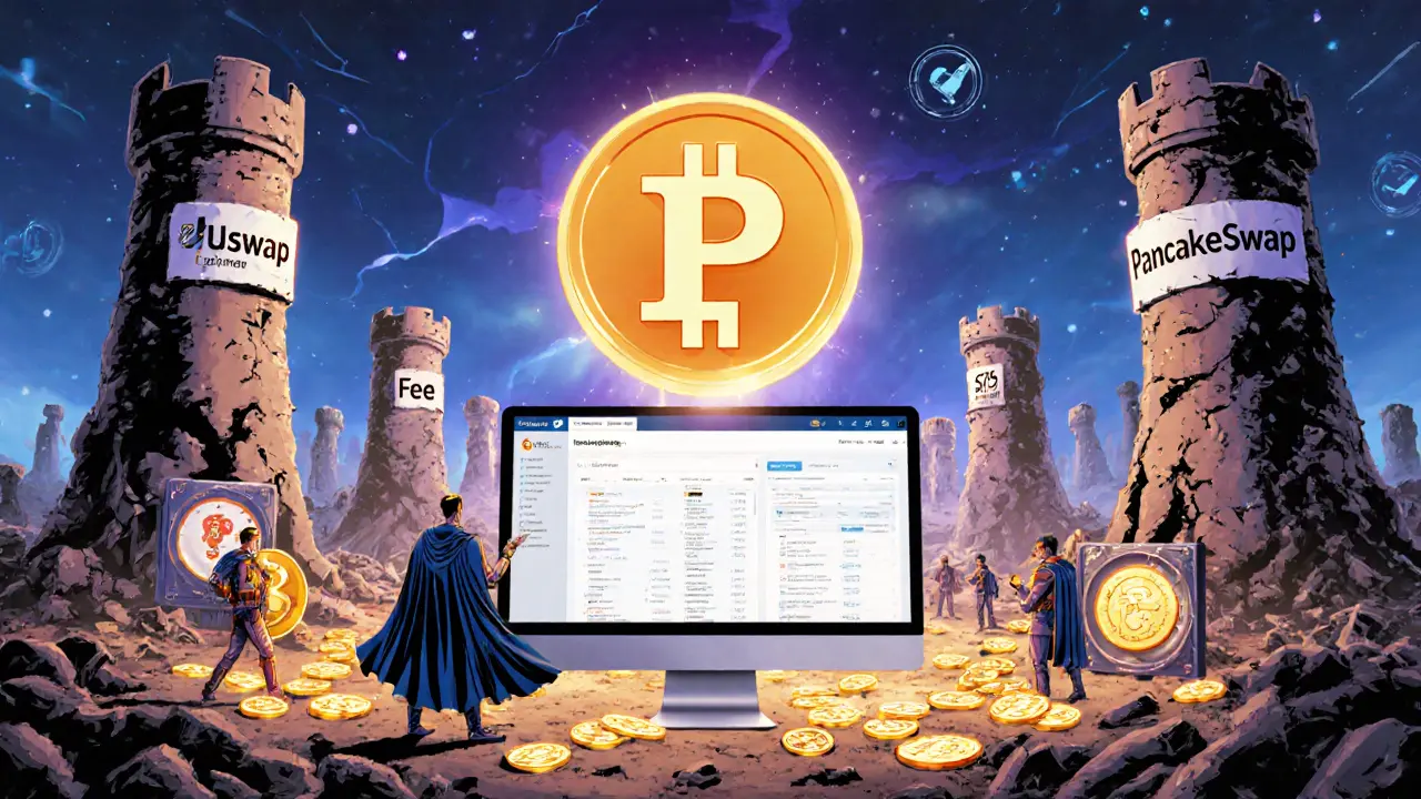 PulseX interface as a central beacon amid crumbling competitors, with stakers locking tokens in time-vaults under pulsing blockchain nodes.