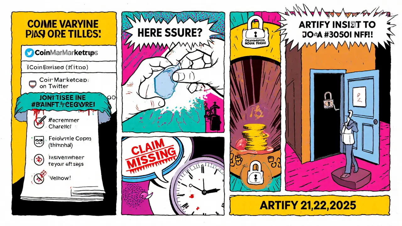 Seven comic panels show airdrop tasks, ending with a locked door labeled &#039;CLAIM MISSING&#039; and a faded date.