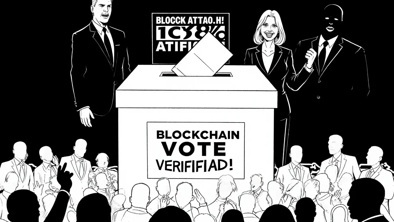 Shadowy figures steal invisible votes from a digital ballot box while officials celebrate false verification.