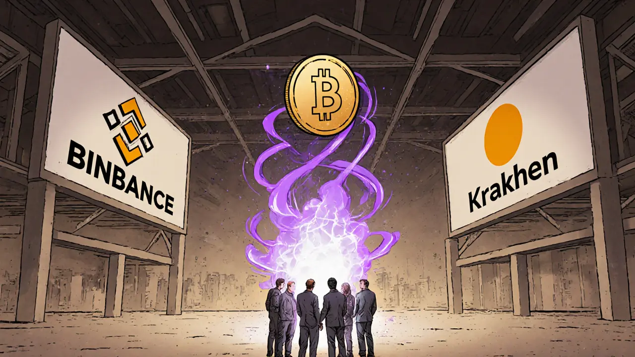 Small VLXPAD token isolated among giant crypto exchanges, with dedicated users near Velas node.