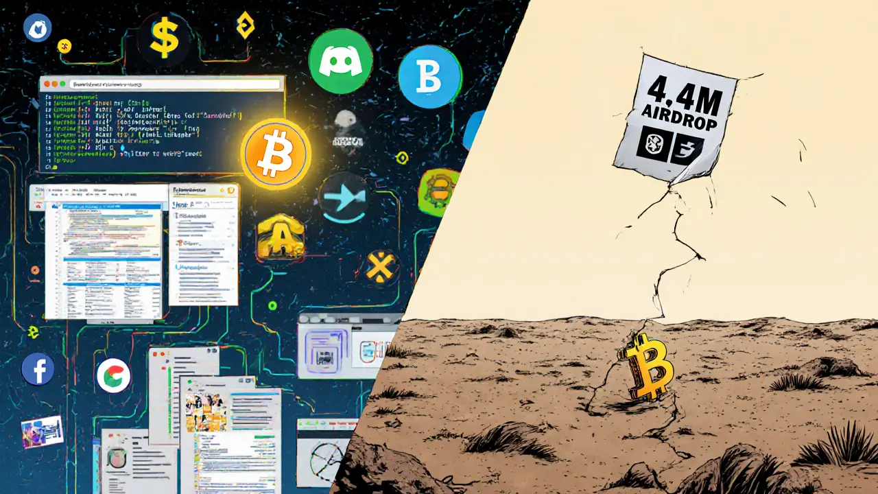 Split scene: active blockchain with developers vs. barren wasteland with a single cracked BOHR token symbol.