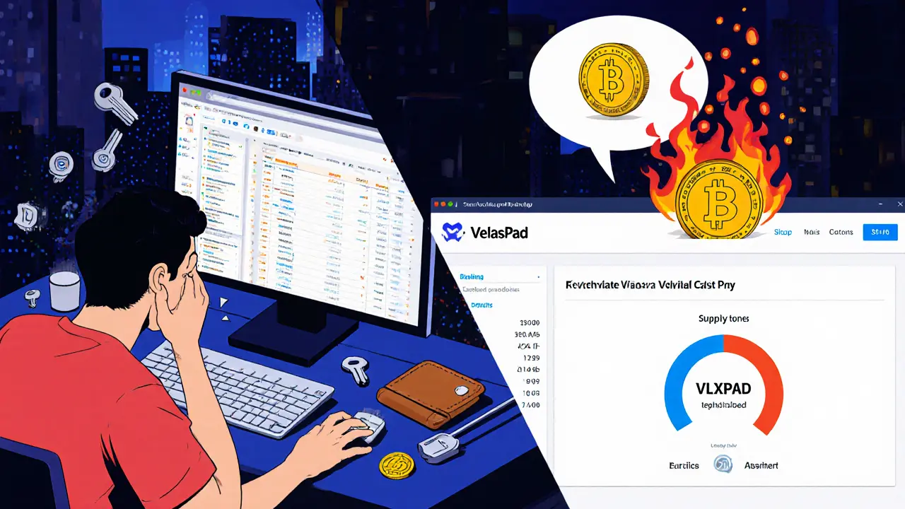 Split scene: beginner confused by DEX interface vs. experienced user staking VLXPAD tokens.