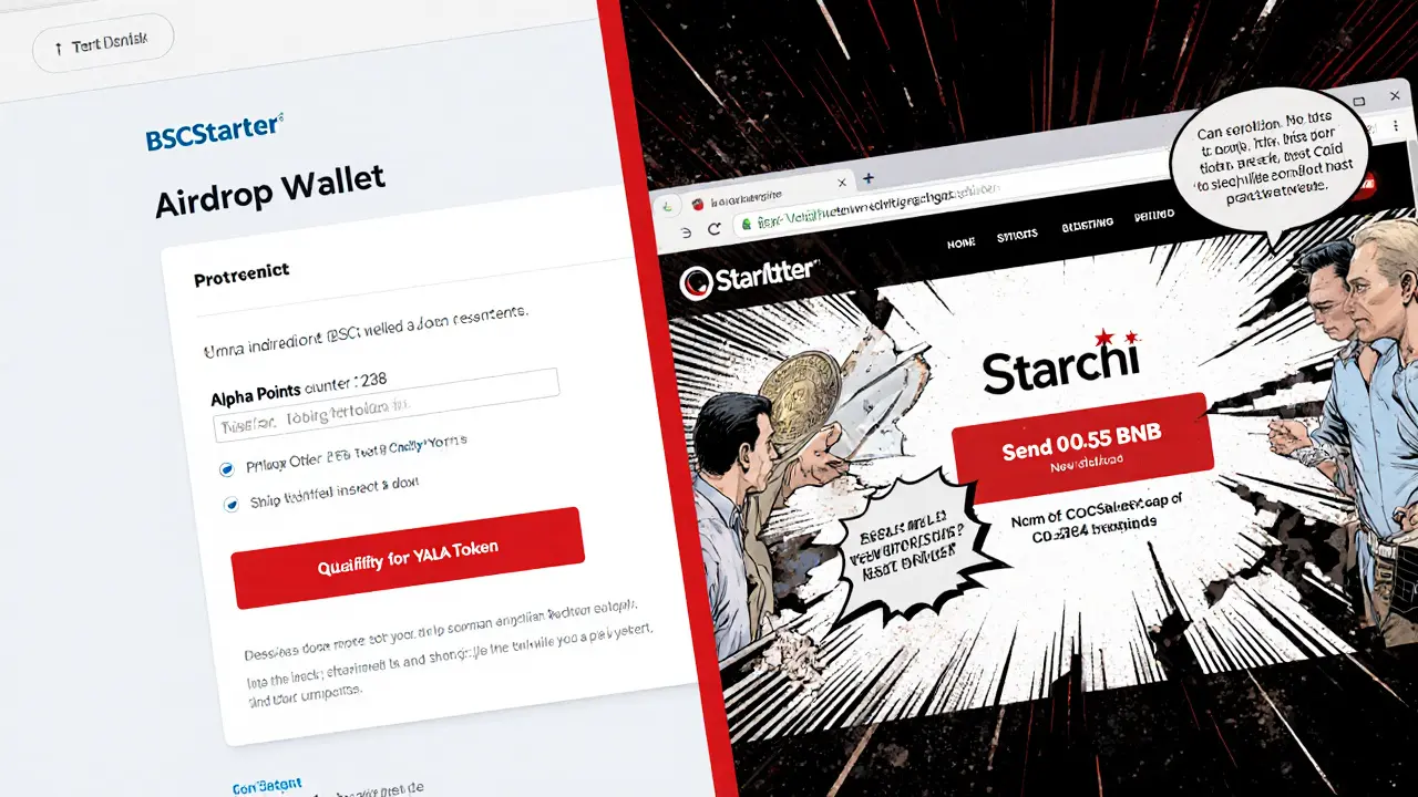 Split scene: legitimate BSCStarter airdrop on one side, scam website with 'send BNB' button on the other.