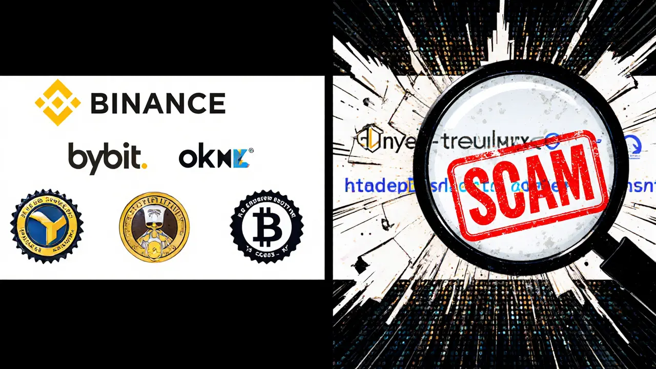 Split scene: legitimate exchanges glowing with trust vs. HyperPay Futures crumbling into digital dust.