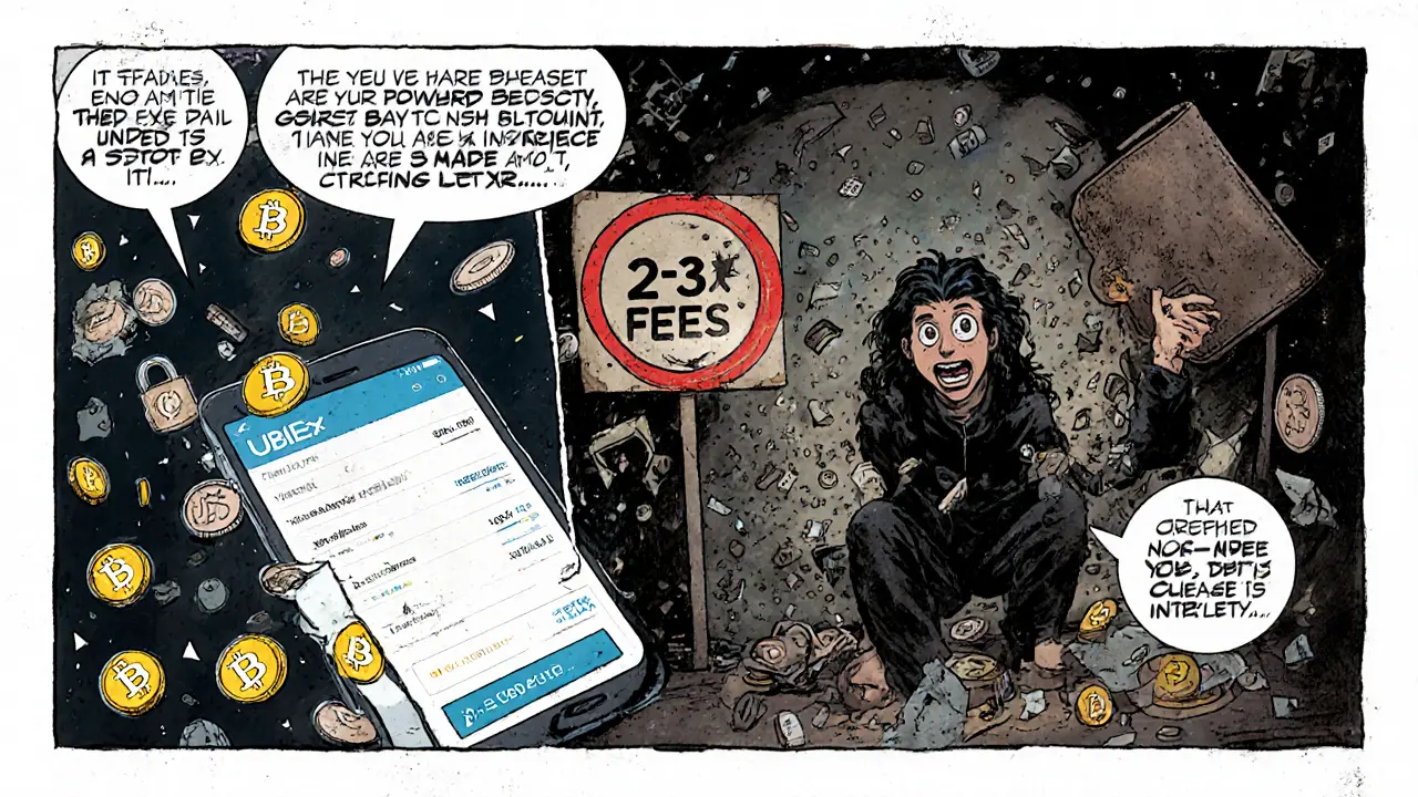 Split scene: one side shows trading rewards, the other shows an empty wallet under crushing fees.