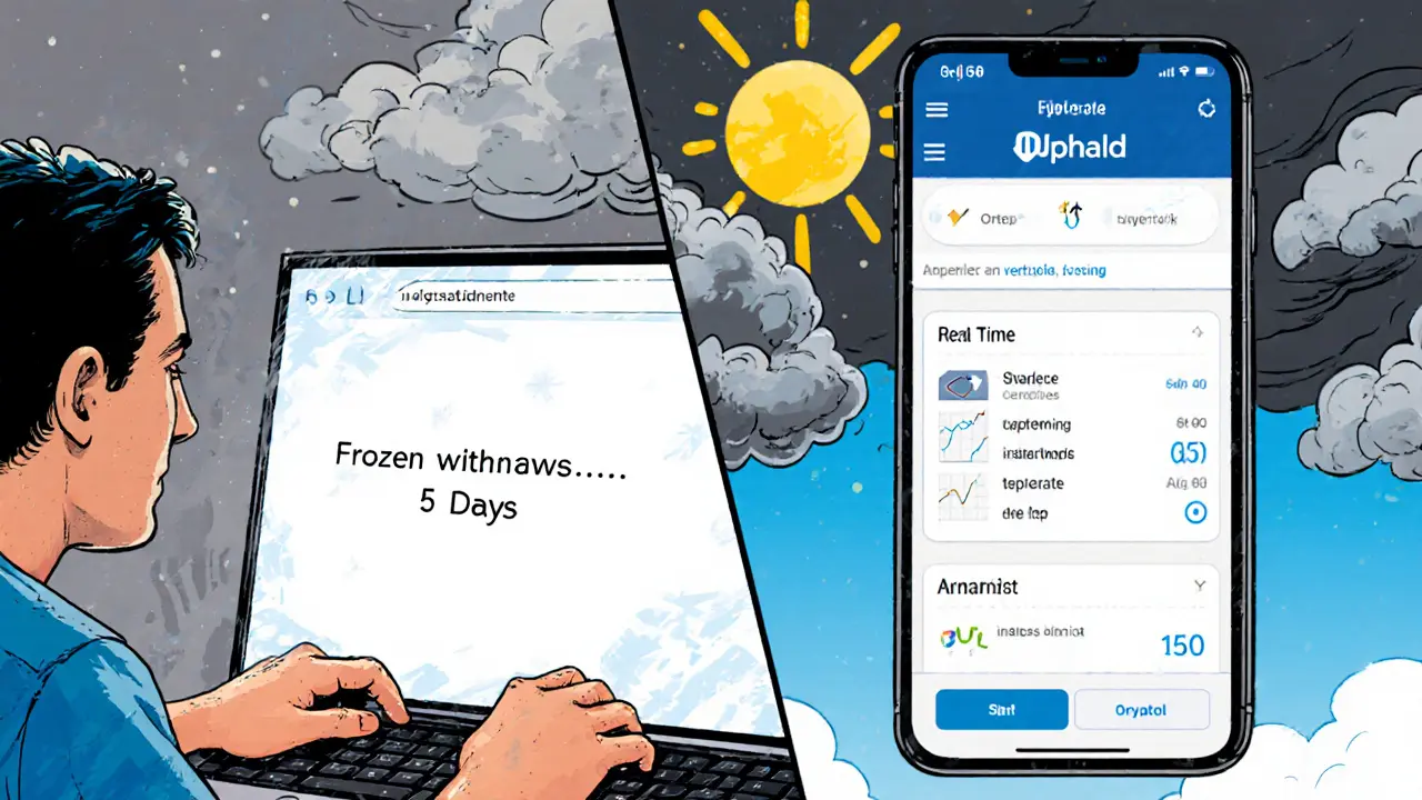Split scene: outdated Cryptomate interface vs. modern Uphold app with real-time portfolio tracking.