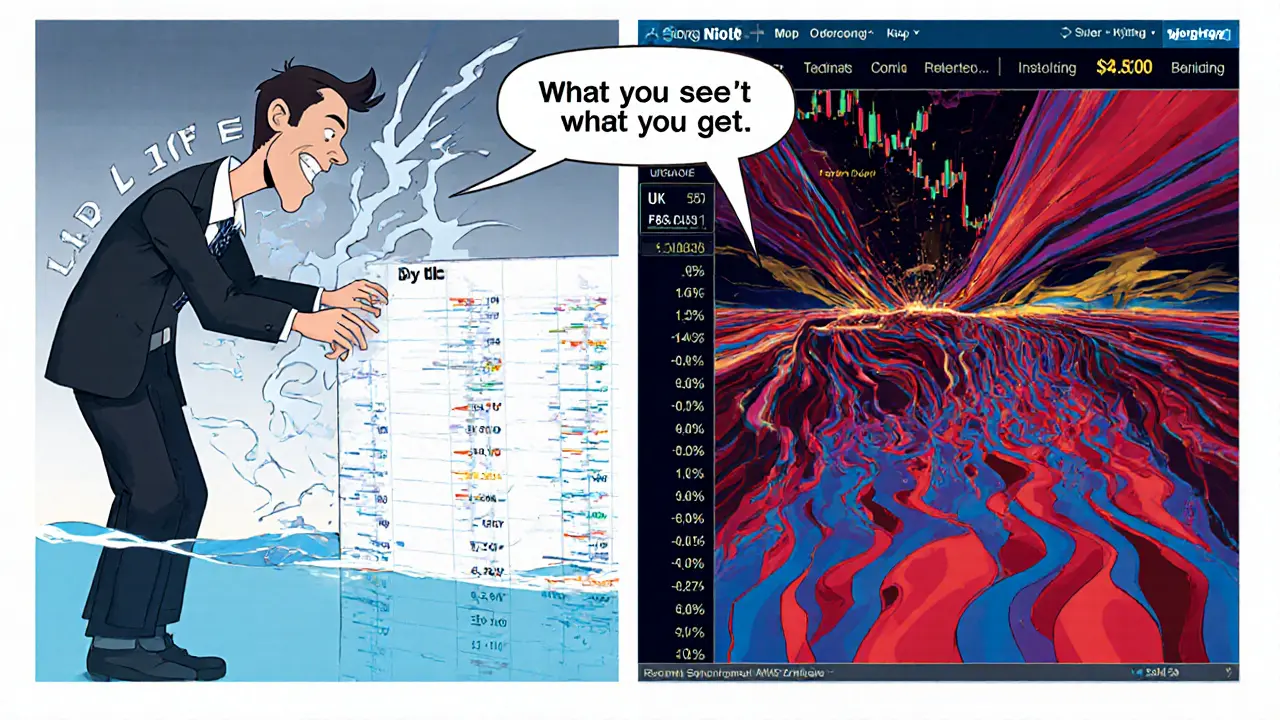 Split scene: retail trader seeing fake buy walls vanish vs. institutional trader using heatmap tools to detect hidden liquidity.
