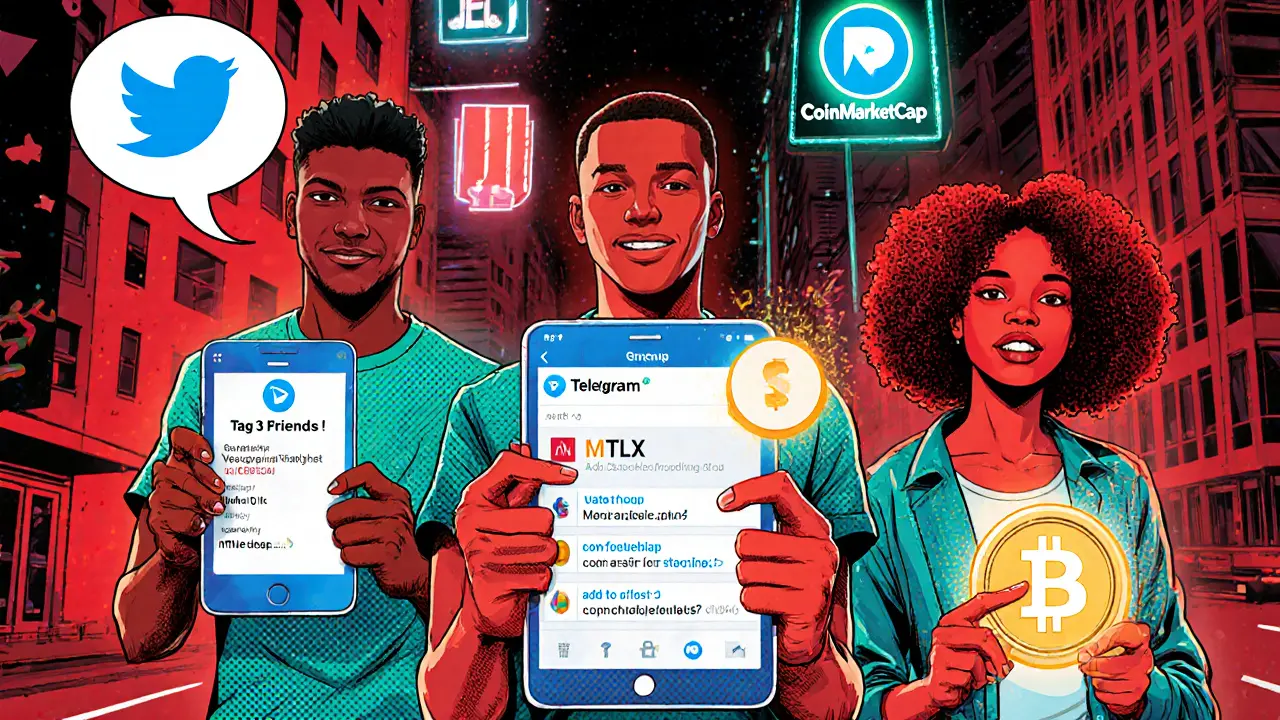 Three people engage with social media and CoinMarketCap to earn MTLX tokens in a vibrant urban scene.