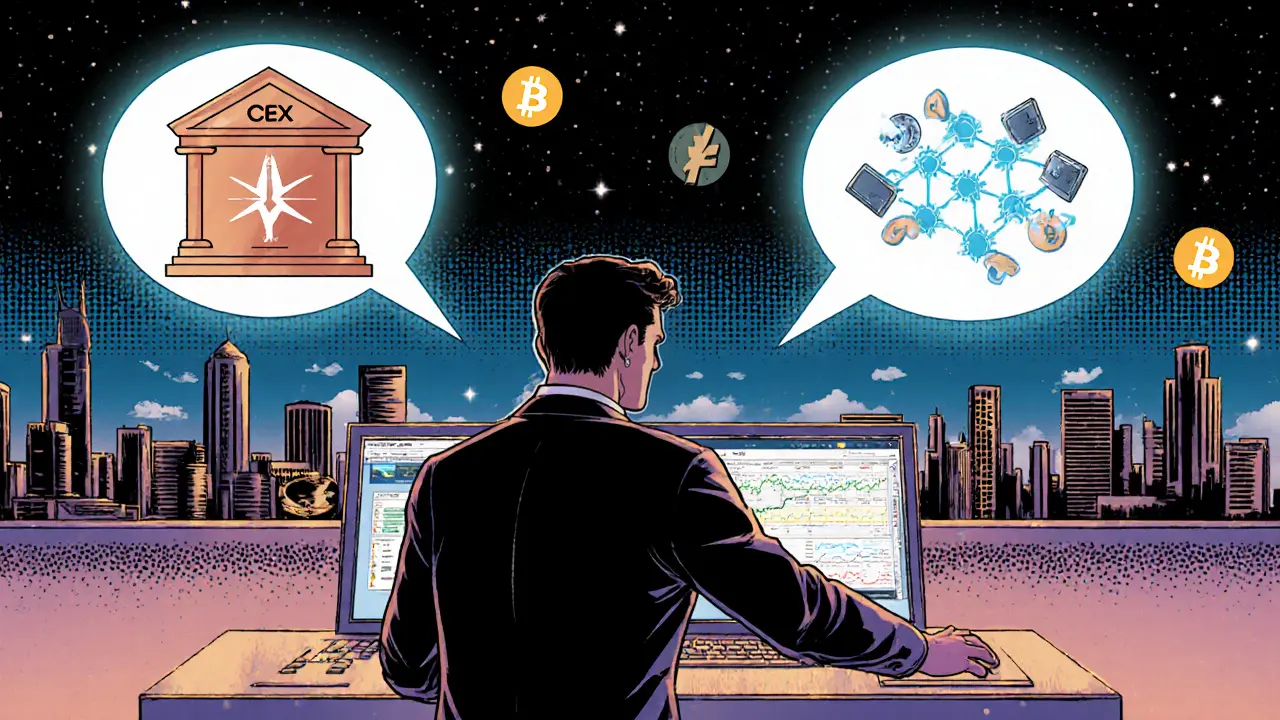 Trader using hybrid interface with both CEX and DEX panels, paths leading to bank vault and global wallet network.