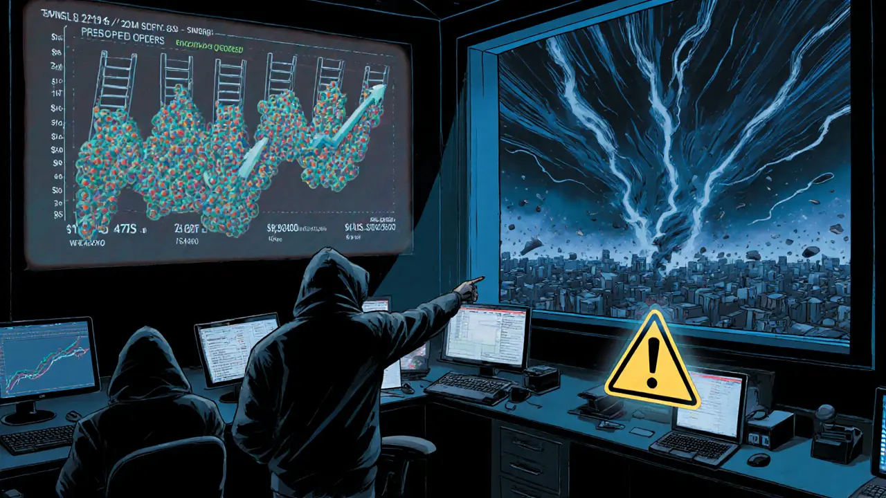 Traders in a dark room analyzing floating 3D order books, with holographic warnings of spoofing and swirling canceling orders.