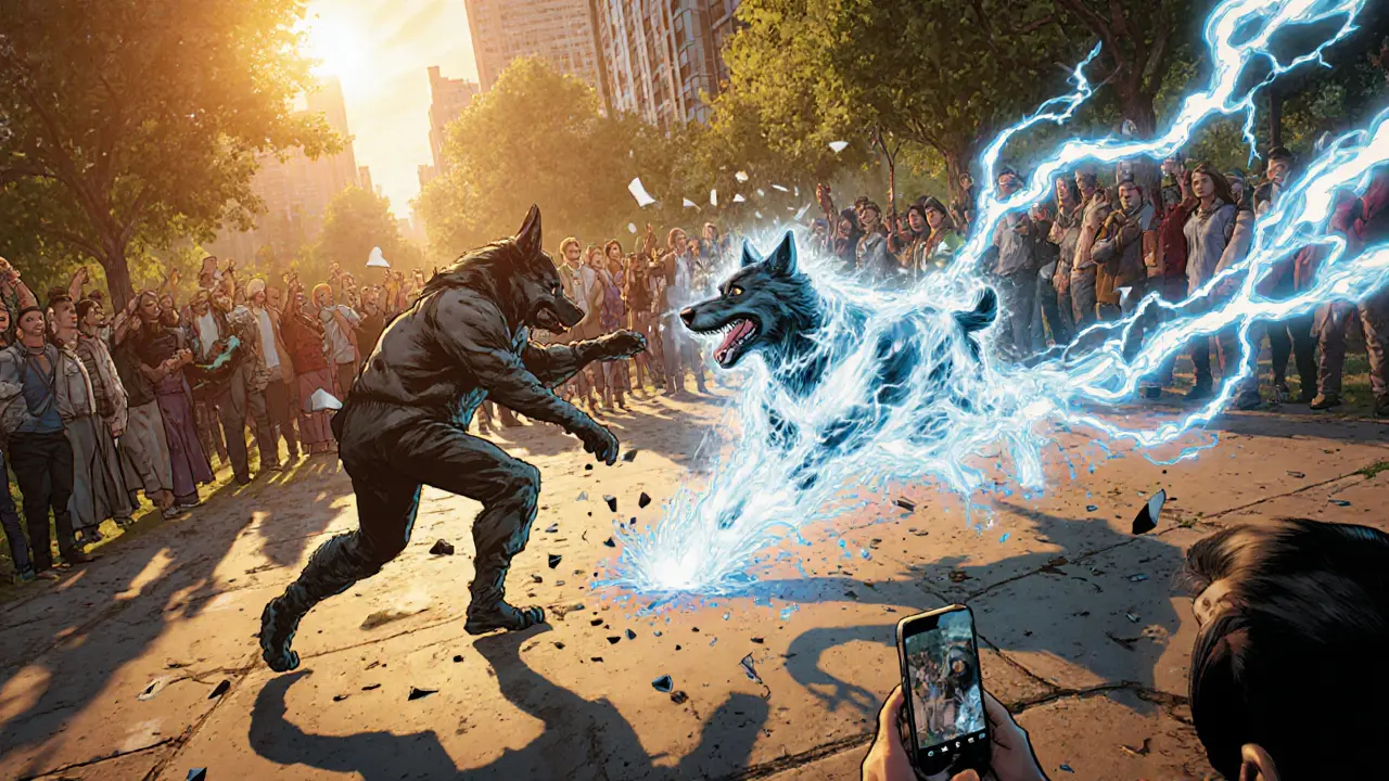 Two players competing in an AR dog battle with elemental powers in a city park.
