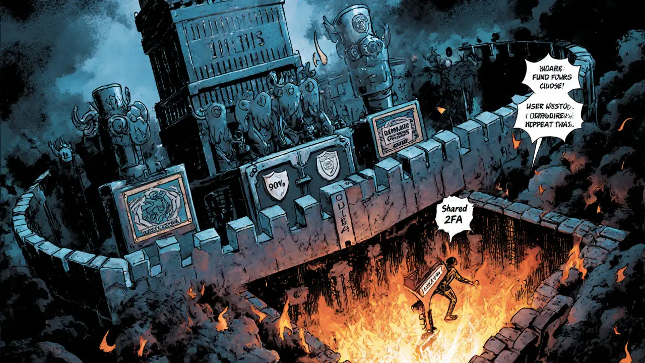 Upbit security fortress with cold wallets and AI guardians, user error dropping 2FA key into fire.