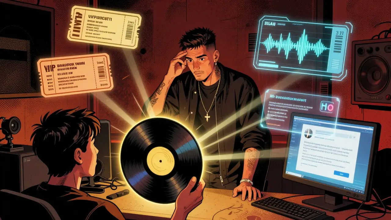 3LAU in a studio surrounded by holographic NFTs that become concert tickets and co-production credits.